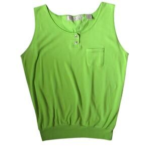 Vintage 80s Karen Scott Green Henley Tank Top Pocket Made in Hong Kong Size S